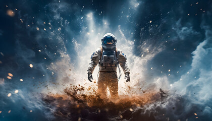 An astronaut walking on the surface of a desolate planet surrounded by smoke and flying debris. The astronaut, clad in a space suit, appears determined as they navigate the harsh environment