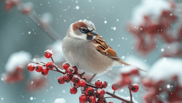 snowy twig with birds perched on it and berries in winter