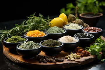 spices and herb bowls on top of stone table
