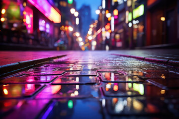 Neon signs flicker and reflect off rain-soaked pavement, transforming a city street into a vibrant...