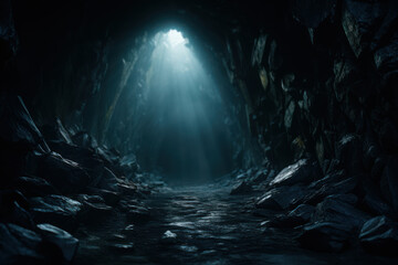 A flashlight cuts through the darkness of a cave, revealing intricate rock formations and...
