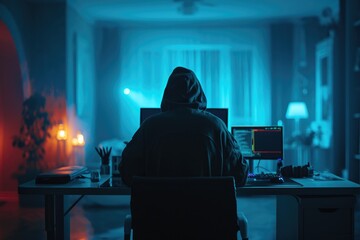 Mysterious man in hood sitting at table with computer