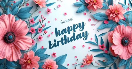 happy birthday banners and cards with color flowers and white blue background