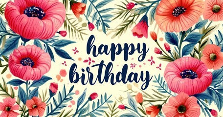 happy birthday banners and cards with color flowers and white blue background - obrazy, fototapety, plakaty