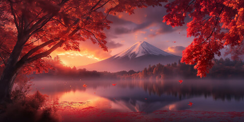 Naklejka premium Autumnal Serenity at Mount Fuji with Red Maples 