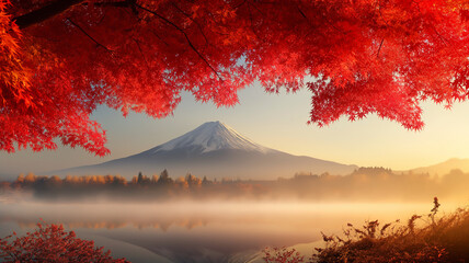 Autumnal Serenity at Mount Fuji with Red Maples
