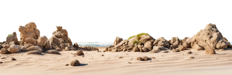 Varied rock formations arranged on a smooth sea sand surface, cut out