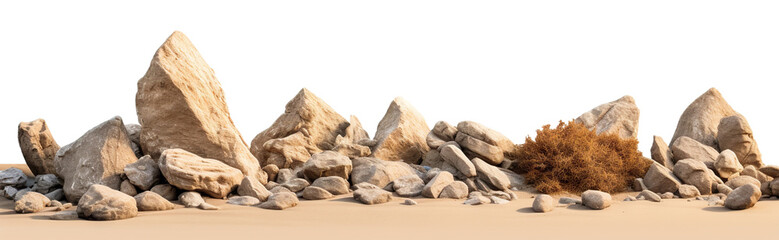 Varied rock formations arranged on a smooth sand surface, cut out - obrazy, fototapety, plakaty