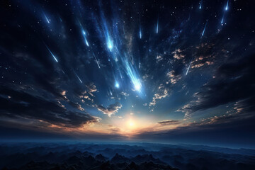 A meteor shower streaks across the night sky, leaving trails of celestial brilliance that ignite a...