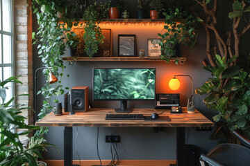A DIY standing desk setup with adjustable height, accommodating ergonomic work postures. Concept of health-conscious and customizable home office spaces. Generative Ai.