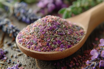 Obraz na płótnie Canvas spoon, salt grain, light violet and white, softly organic, lavender herb, flower, aromatherapy 