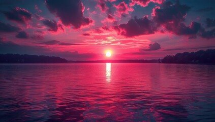 sunset reflected in a lake,  dark pink and sky-blue - obrazy, fototapety, plakaty