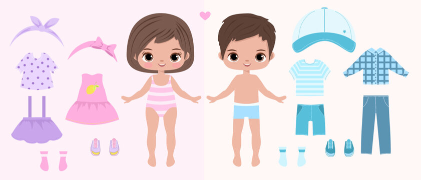 Paper doll clothes. Paper doll boy, girl. Cute girl with dresses . Clothes set, collection. Vector illustration. Doll for children play. Baby doll. Cutouts. Fashion girl, boy. Dress up, cutouts, cut