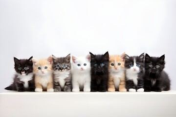 A variety of cute little kittens lying in a row side by side on white background. Lovely group of small baby cats in different colors and different breeds.