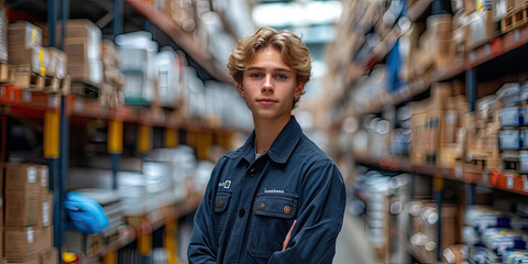 Photo of warehouse worker standing in front of blurred background of shelves with goods