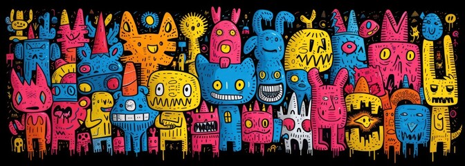 colors and cartoon characters adorn the black background, in the style of pop art cartoonish illustration