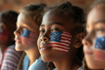 Group of children with American flags on faces in school classroom, closeup - obrazy, fototapety, plakaty