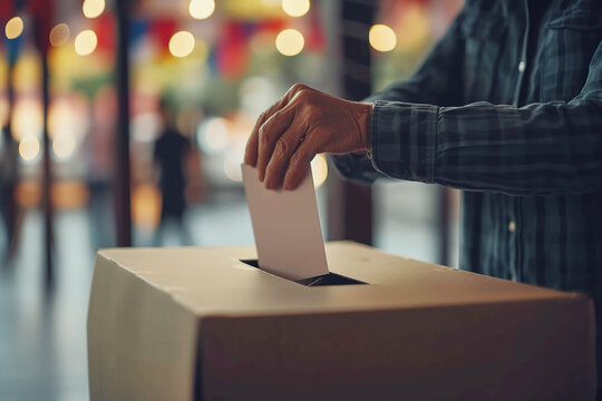 A male voter in a checkered shirt casts a ballot and a ballot box at a polling station. Boken background.