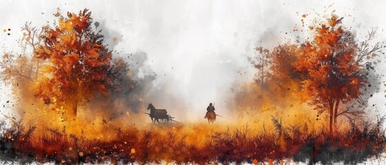 watercolor western horses and wagon background, in the style of mysterious backdrops