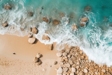 Fototapeta na wymiar Breathtaking aerial shot of serene beach with tranquil waves gently caressing wet sandy shoreline