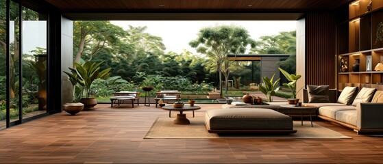 wood flooring inside a modern living room with a large grey sofa and a wooden table