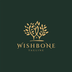 Luxury Wishbone Sign, Lucky Bone with Tree and House shape for Real Estate Properties Logo Design