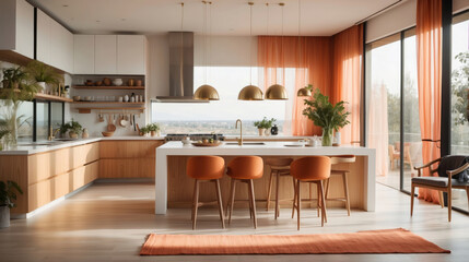 terracotta kitchen interior design with big view window	
