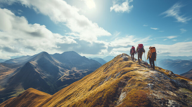Wandern als Teambildende Ma&szlig;nahme unter Kollegen mit Alpenpanorama und Wanderwege in den Alpen Generative AI