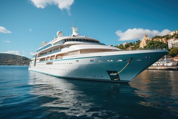 Yachting Bliss: A Stately Cruise Ship Yacht Glides Through the Ocean Waves, Creating a Picture-Perfect Scene of Touristic Delight on the High Seas