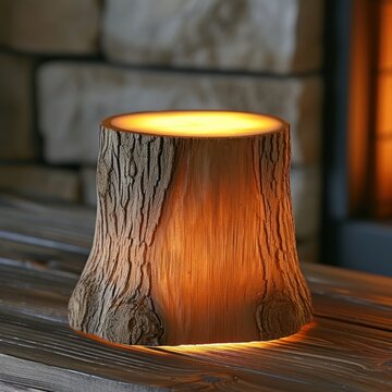 wooden stump near a fireplace on a table, in the style of captivating light effects