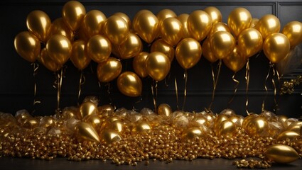 Gold balloons bunch on a black wall background. Horizontal banner.