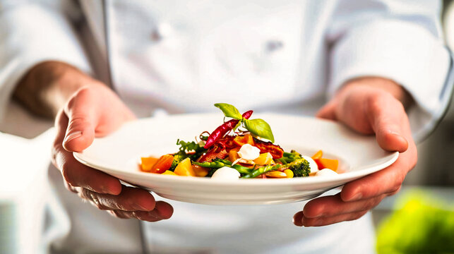 Chef Serving Gourmet Dish, Healthy Food Preparation with Fresh Vegetables on White Plate