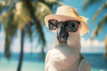 cockatoo wearing sun glasses and straw hat with sea and palm trees in background