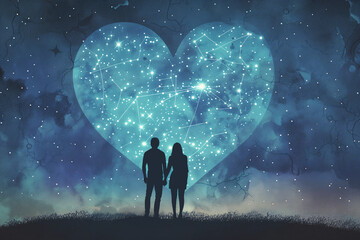 Obraz premium silhouette of a couple at night with stars with a heart as a constellation. valentine's day.