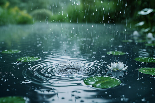 A slow-motion capture of raindrops falling on a serene lake, highlighting the beauty of nature's details. Concept of nature's elegance in slow motion. Generative Ai. © Sebastian