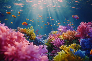 An underwater video of coral reefs teeming with colorful marine life, showcasing ocean biodiversity. Concept of exploring underwater ecosystems. Generative Ai.