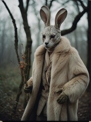 Portrait Fantasy evolution fashion concept a human mutated pairing with rabbit in the forest, an adorable wildlife illustration capturing the essence of nature
