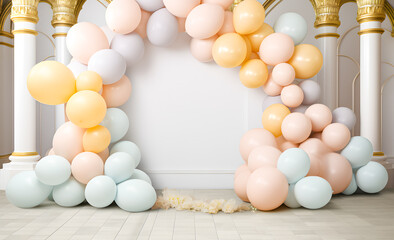 Fototapeta na wymiar Colorful balloons on a white background for birthday party with space for your text. Birthday party decoration