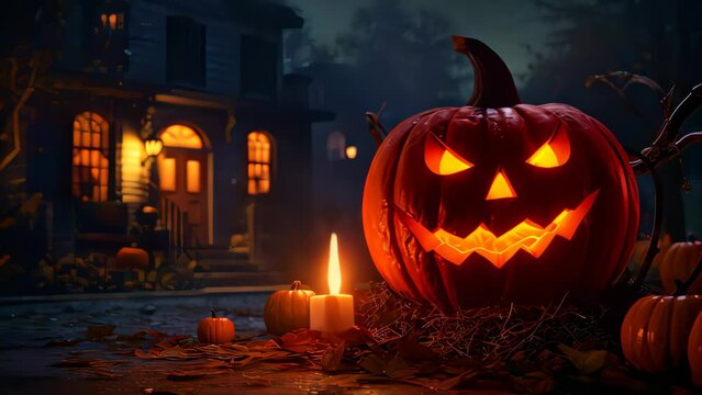 Smiling pumpkin at night background. Halloween concept. Generative ai.	
