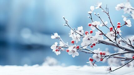 Obraz premium Spring branch with white flowers on a blue background. Spring concept. Winter background with tree branches and berries. Place for your text.