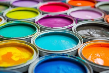 many cans of colored paint - closeup background