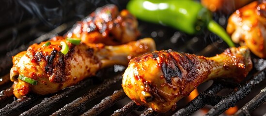 Spicy chicken drumsticks grilling on a BBQ with a close-up of a green chili pepper.