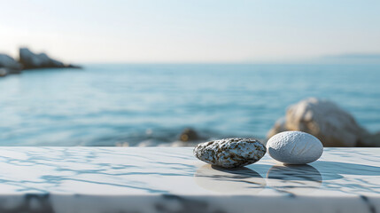 Minimalist Marble Table Mockup with Ocean Background, stones on the sea