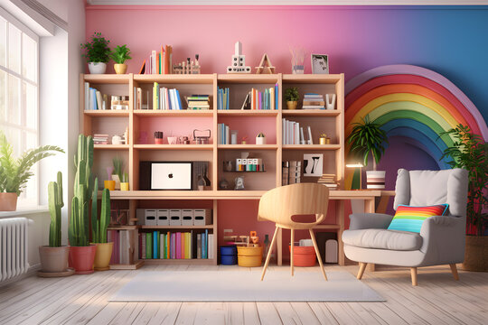 Colorful home office with a rainbow of bookshelves