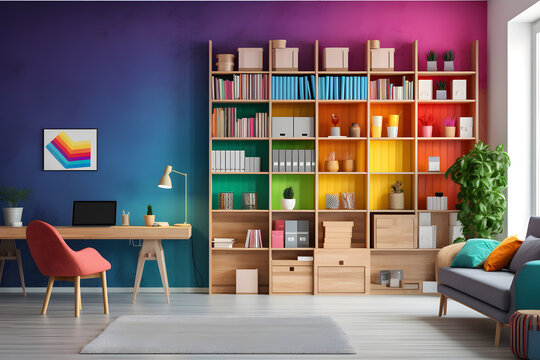 Colorful home office with a rainbow of bookshelves