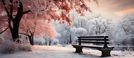 snow covered wooden bench in forest in city park in winter around red color leafed trees