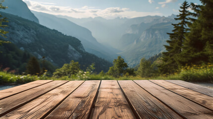 Serene landscape, Empty Wooden Table with Mountain Backdrop, wooden table in the mountains