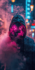 hoodie worn by man wearing purge mask with neon lights super cool wallpapers holding pink smoke bomb
