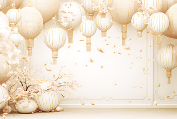 white golden lantern background with golden hearts and bokeh lights