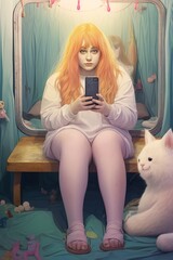 Cozy Bedroom Moment with big Woman and Fluffy Cats